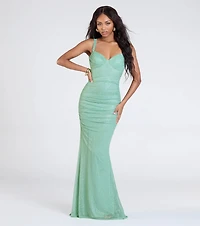 Jenna Lace-Up Ruched Mermaid Glitter Formal Dress