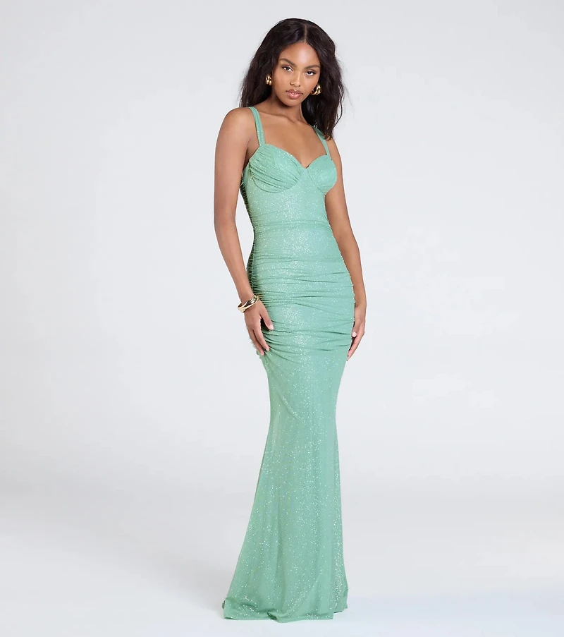 Jenna Lace-Up Ruched Mermaid Glitter Formal Dress