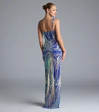 Elisa Iridescent Sequin High Slit Column Dress