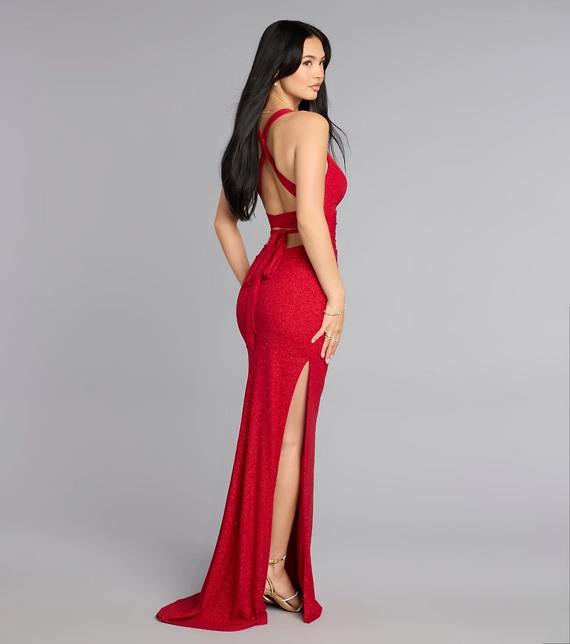 Ayla Lace-Up Slit Mermaid Glitter Formal Dress