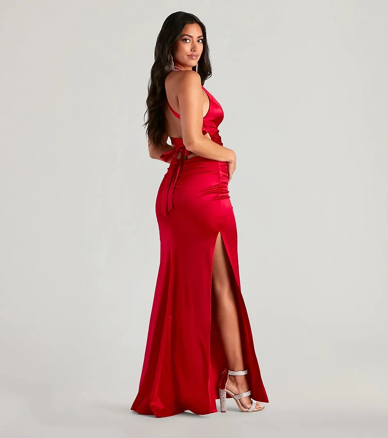Jamie Lace-Up Satin Formal Column Dress
