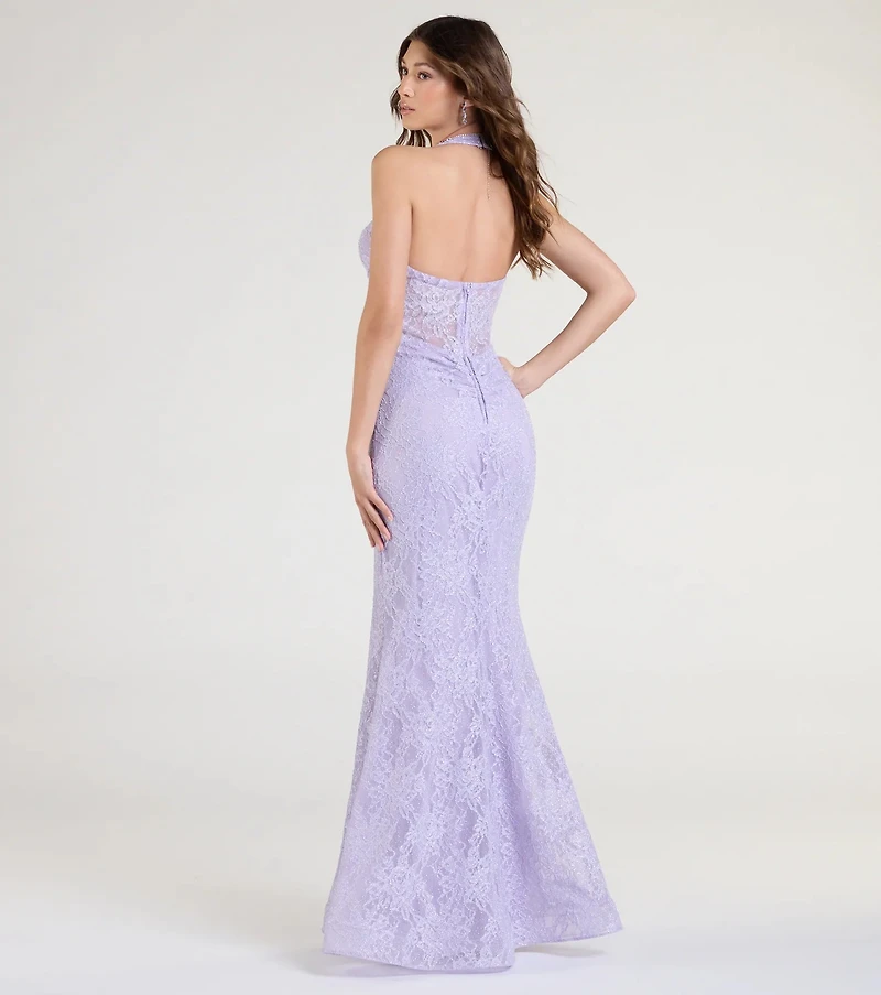 Cadie Halter Corset Slit Lace Formal Dress