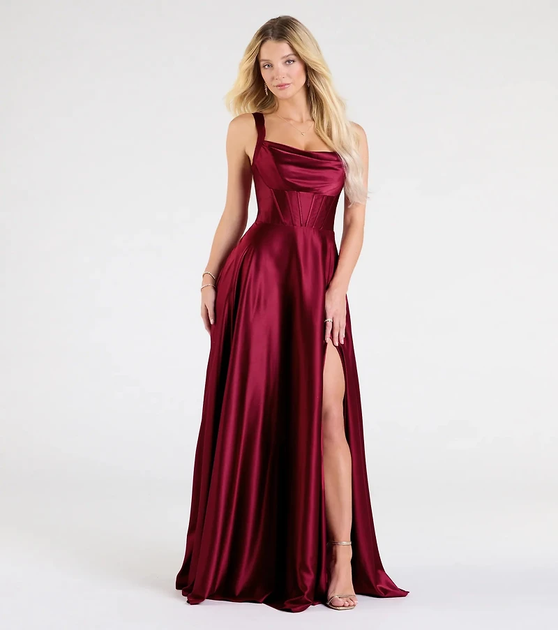Daphne Corset Slit A-Line Satin Formal Dress