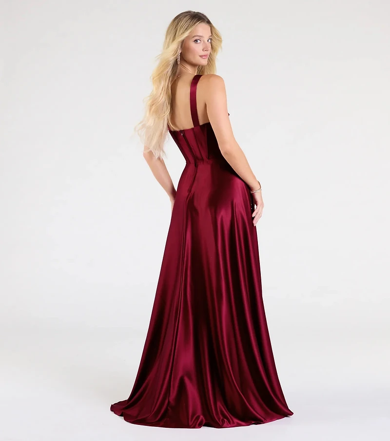 Daphne Corset Slit A-Line Satin Formal Dress
