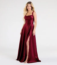 Daphne Corset Slit A-Line Satin Formal Dress