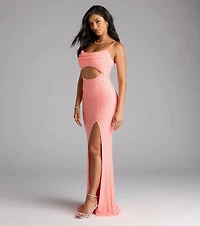 Marine Cutout Slit Mermaid Beaded Formal Dress