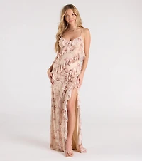 Sancia V-Neck Ruffle Slit Floral Formal Dress