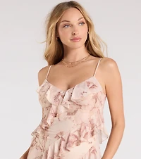 Sancia V-Neck Ruffle Slit Floral Formal Dress