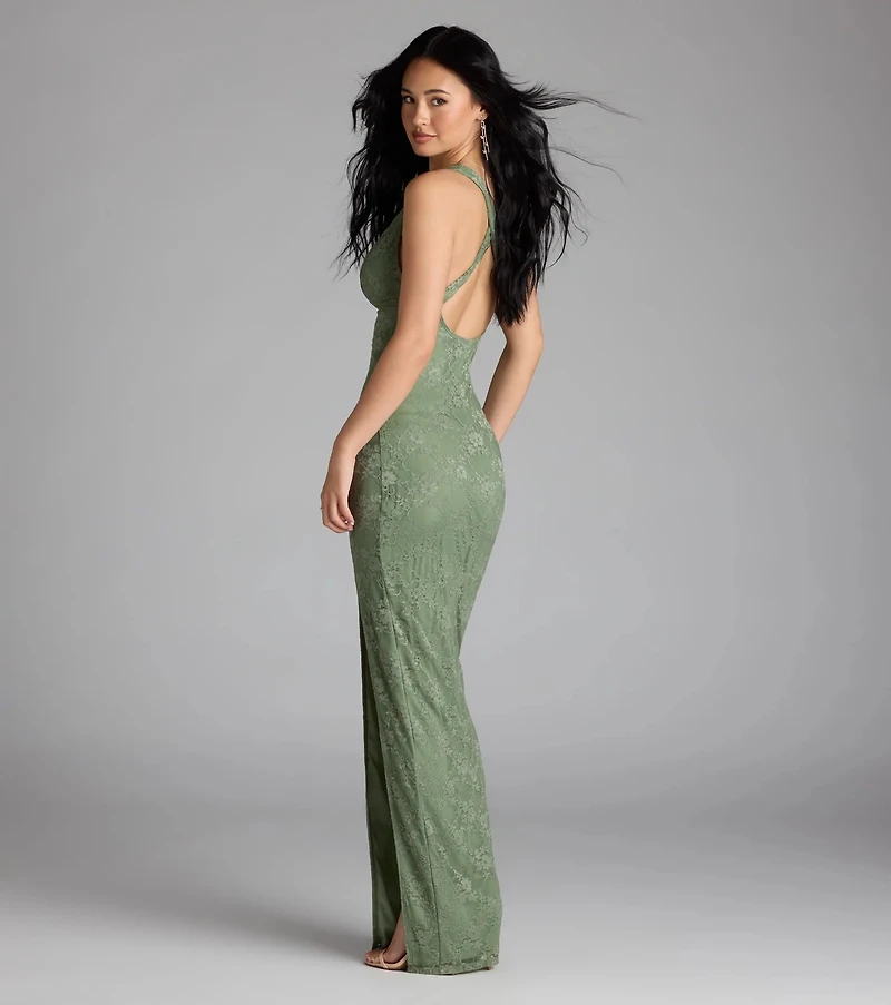 Titania Halter Slit Lace Formal Dress