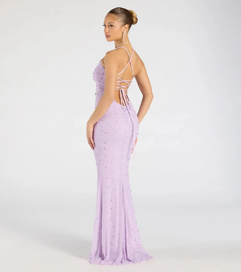 Marlene Lace-Up Mermaid Beaded Pearl Formal Dress
