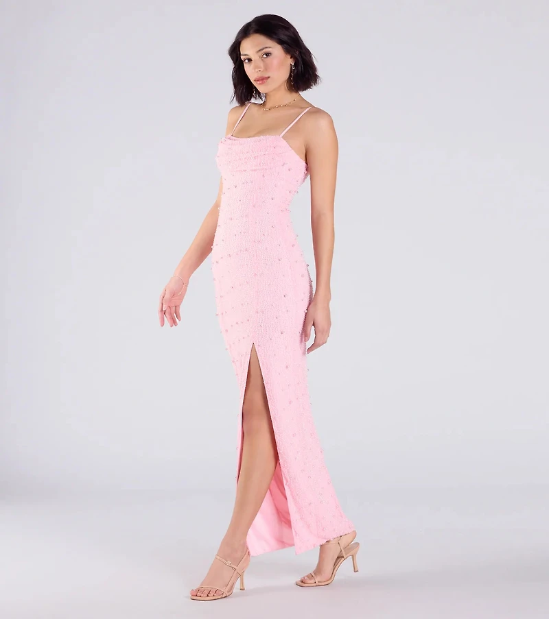 Klara Cowl Neck Faux Pearl Bead Column Dress