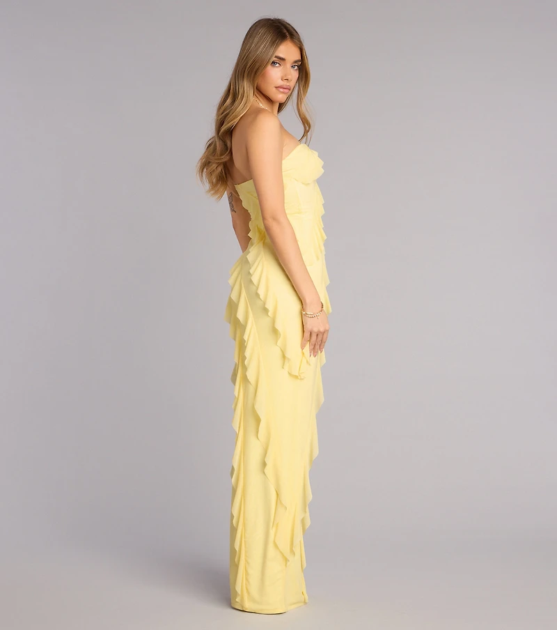 Gabby Formal Mesh Strapless Ruffle Long Dress