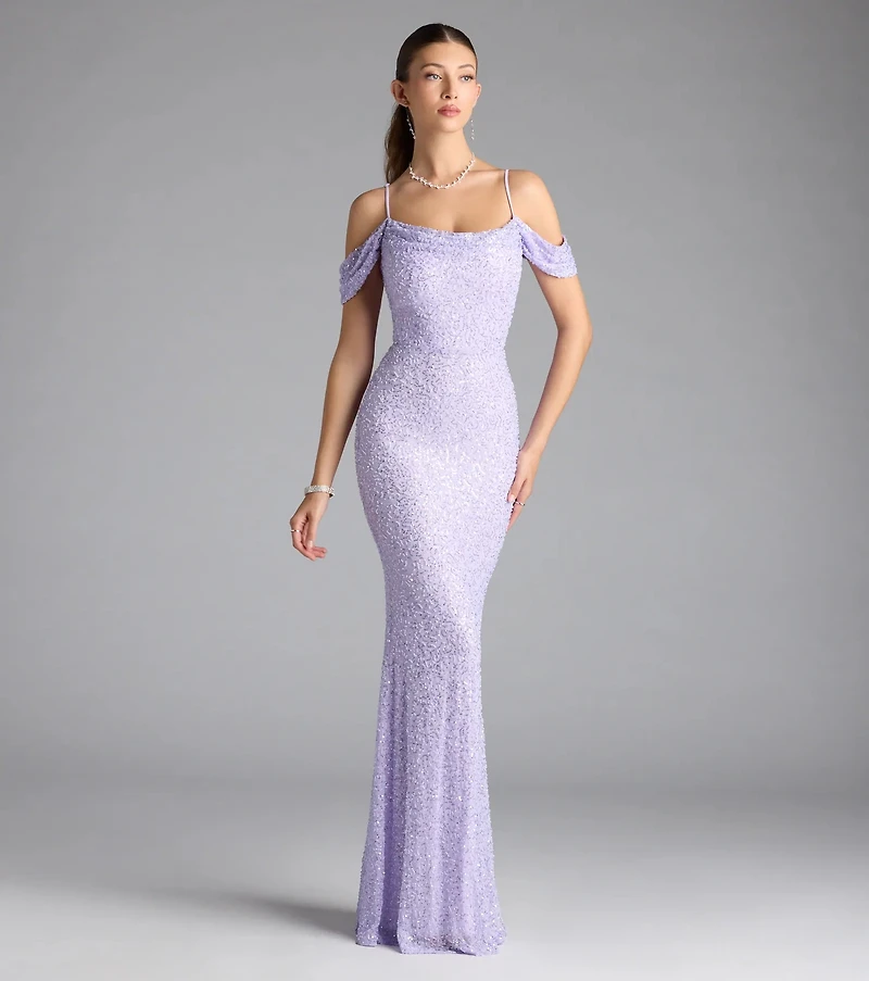 Faye Cold Shoulder Mermaid Beaded Formal Dress