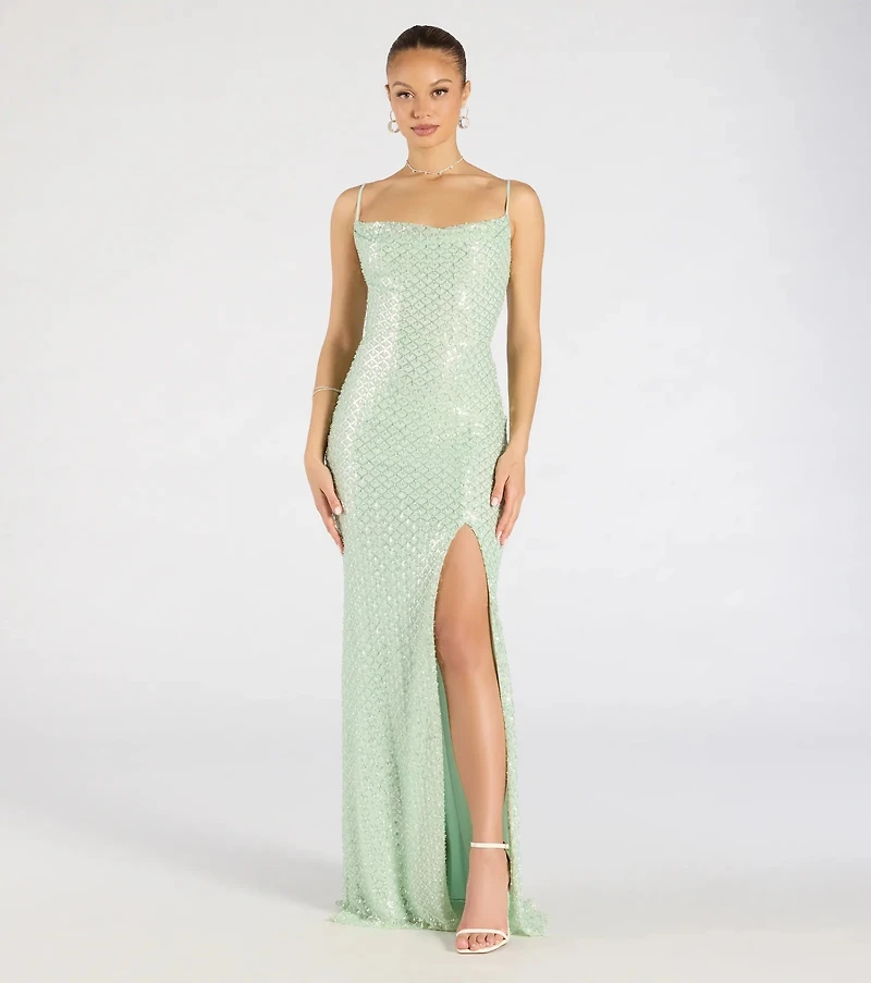 Hollie Lace-Up Mermaid Sequin Beaded Formal Dress