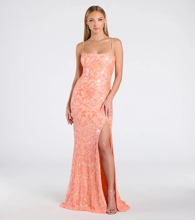 Celina Sequin Lace-Up High Slit Mermaid Dress