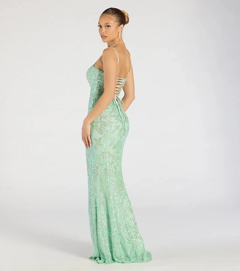 Celina Sequin Lace-Up High Slit Mermaid Dress
