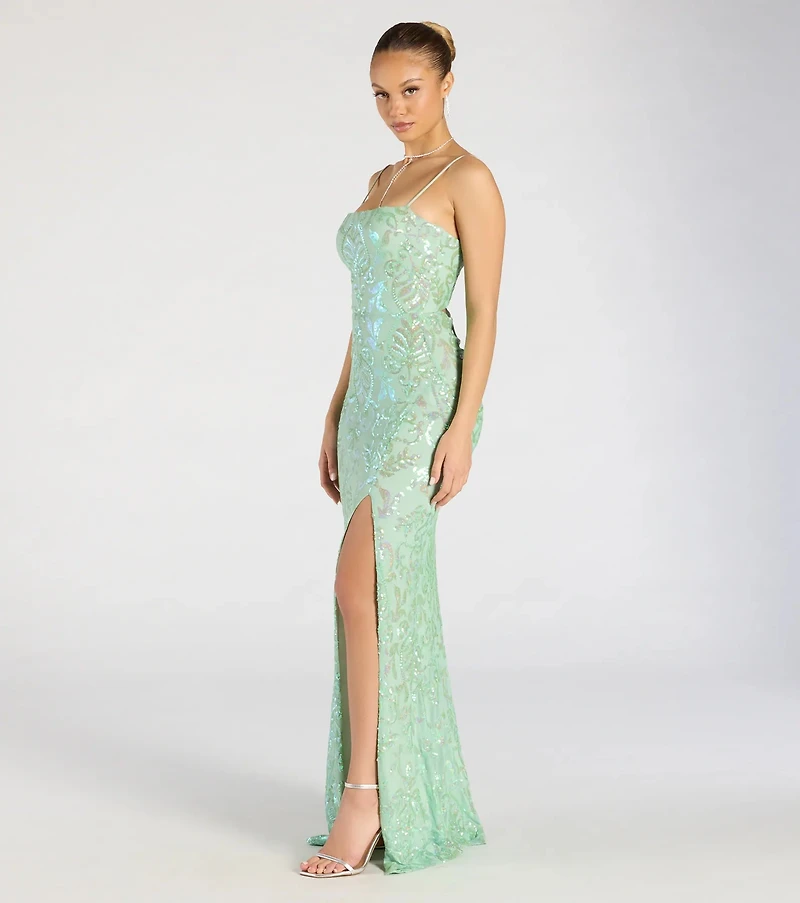 Celina Sequin Lace-Up High Slit Mermaid Dress