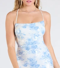 Nala Lace-Up Floral Sequin Formal Dress