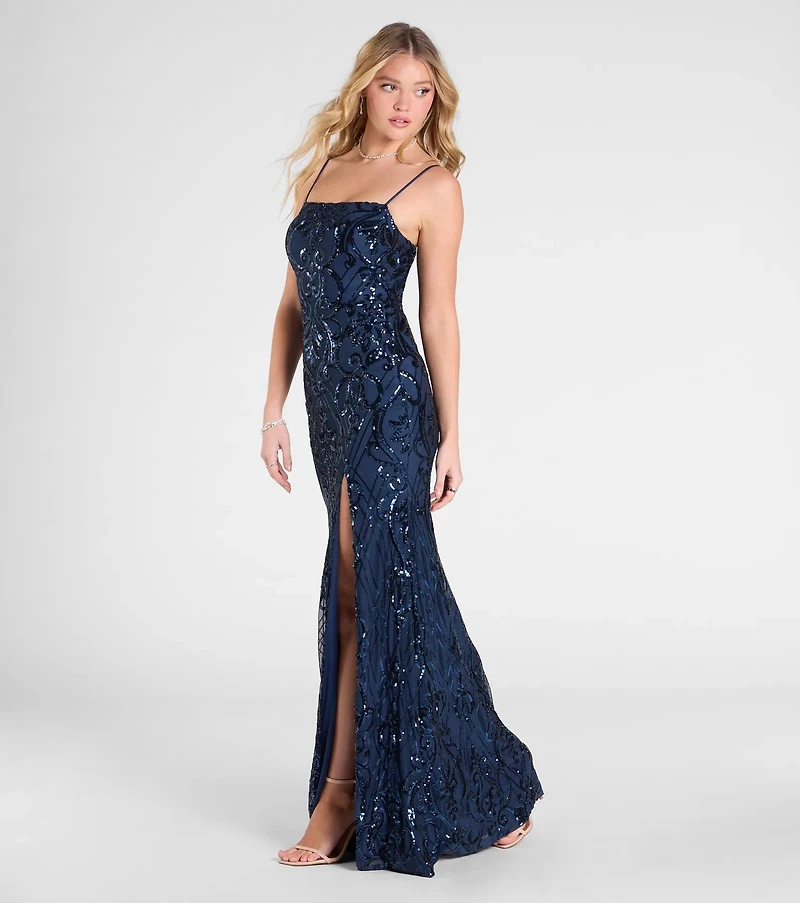 Jillian Sequin Slit Long Formal Dress