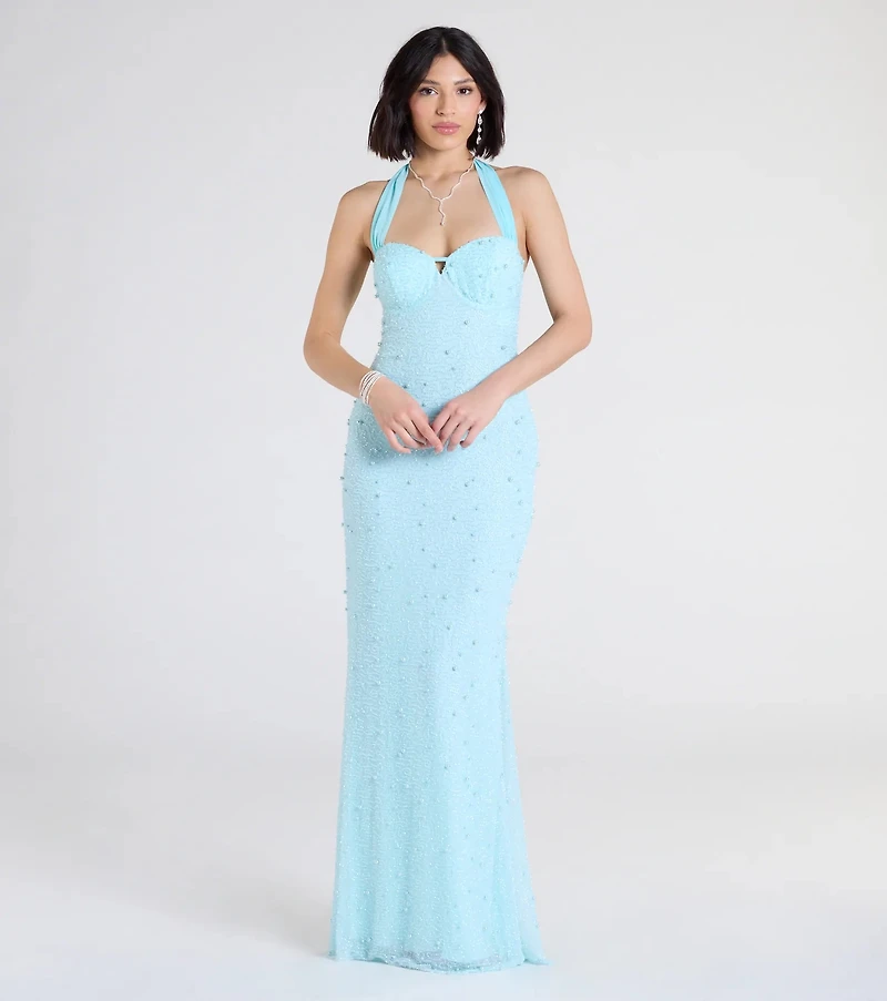 Calla Halter Mermaid Pearl Beaded Formal Dress
