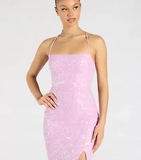 Mariah Lace-Up Slit Sequin Formal Dress
