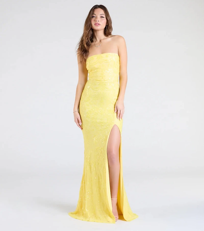Barbara Strapless Slit Mermaid Sequin Formal Dress