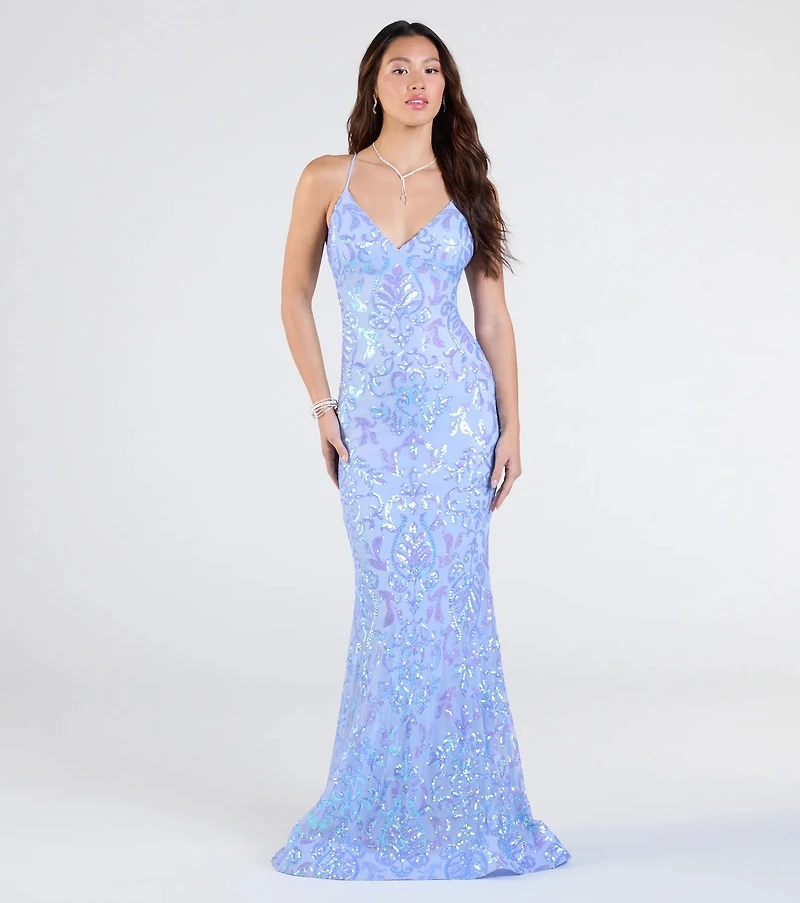 Jessica Lace-Up Mermaid Sequin Formal Dress