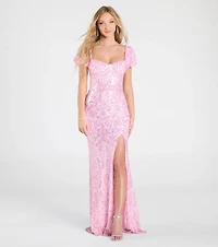 Amber Puff Sleeve Lace-Up Slit Sequin Formal Dress