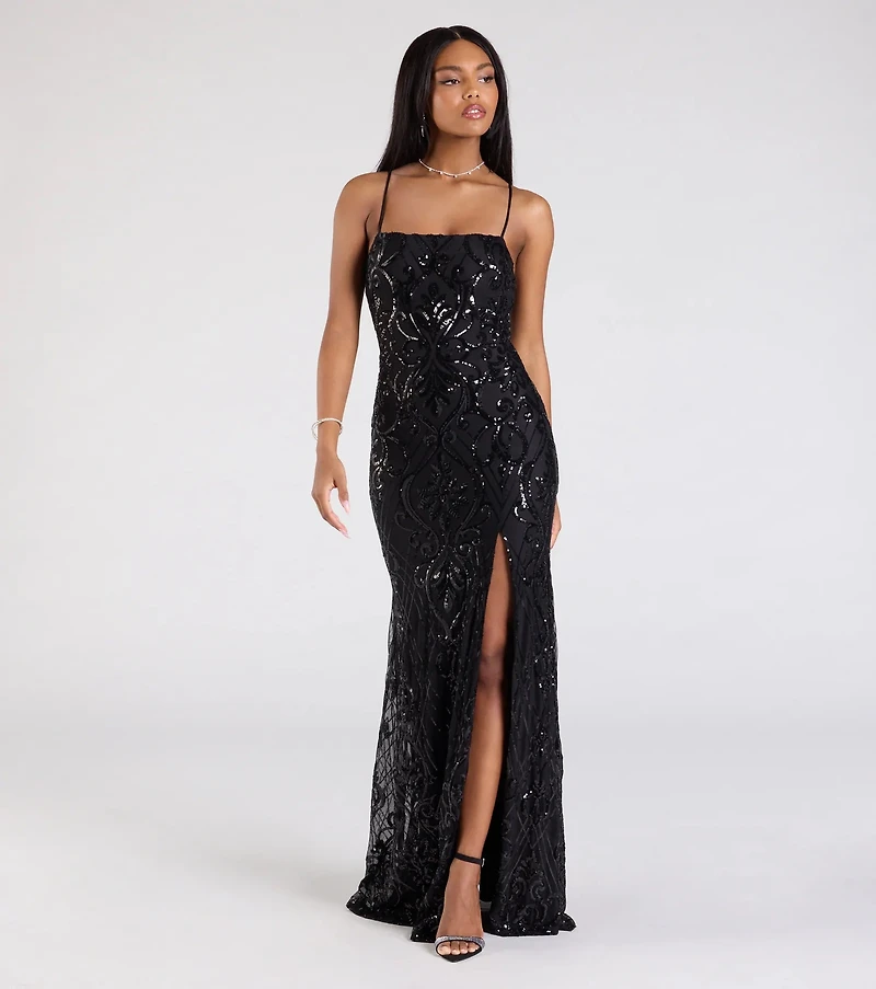 Jillian Sequin Slit Long Formal Dress