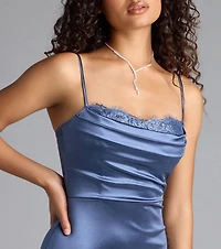 Catiana Cowl Neck Lace Slit Satin Formal Dress