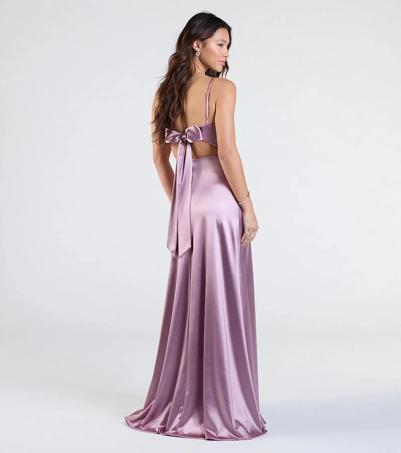 Steffanie Tie-Back Slit A-Line Satin Formal Dress
