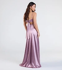 Steffanie Tie-Back Slit A-Line Satin Formal Dress