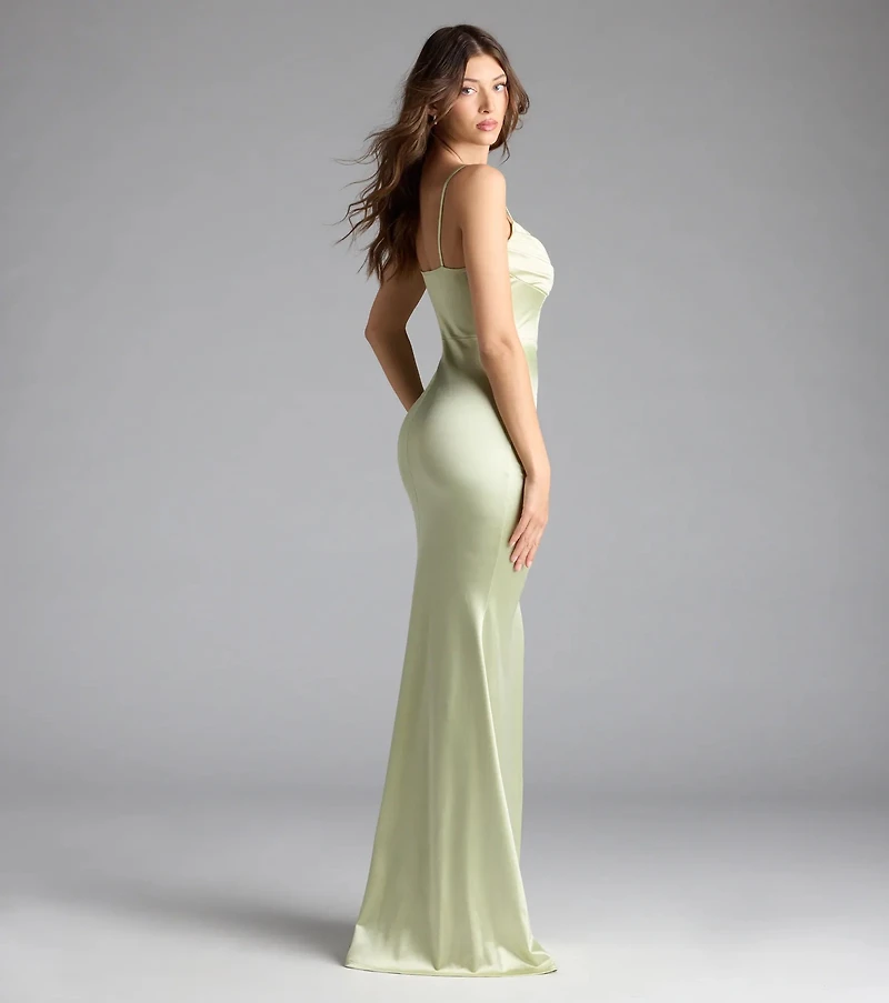 Jazmine Cowl Neck Slit A-Line Satin Formal Dress