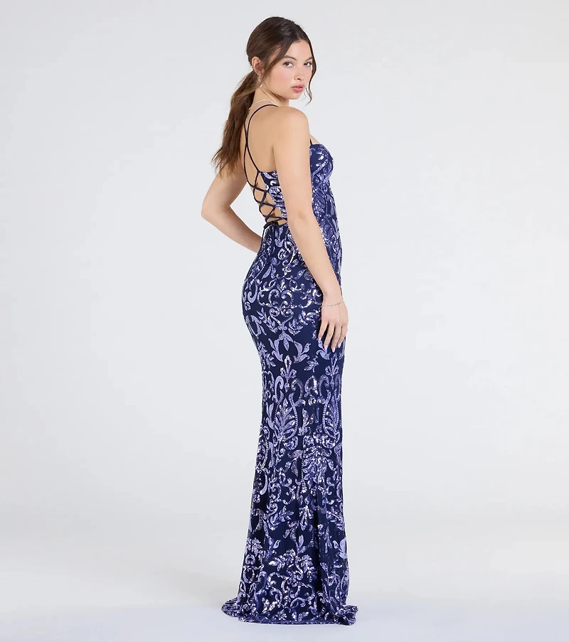 Shelby Lace-Up Slit Sequin Formal Dress