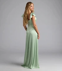 Olessa Short Sleeve A-Line Slit Satin Formal Dress