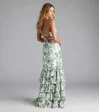 Mia Lace-Up A-Line Floral Chiffon Formal Dress