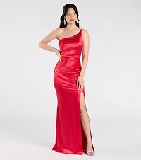 Contessa One-Shoulder Slit Satin Formal Dress