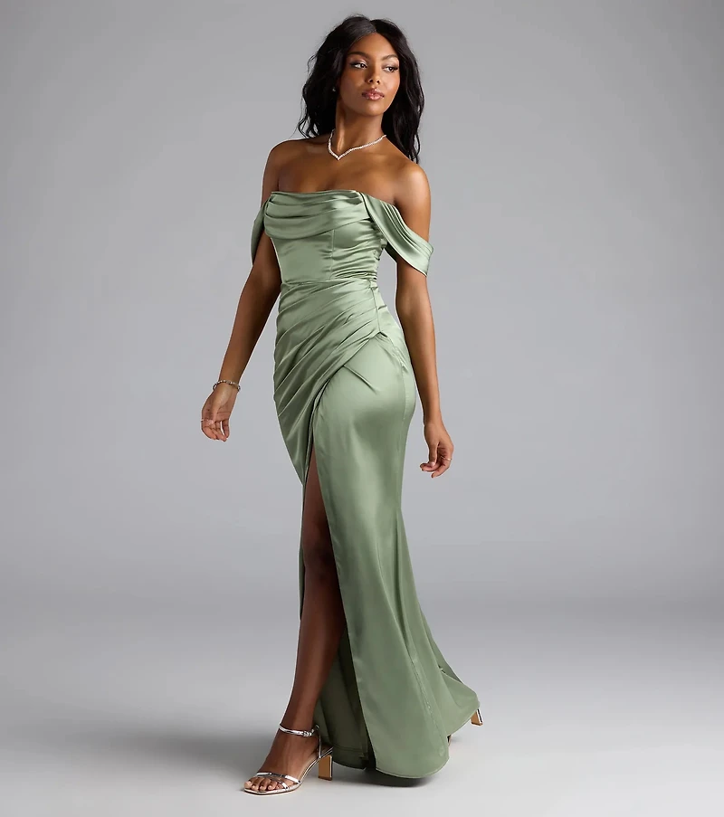 Windsor Lova Off-The-Shoulder Corset Satin Formal Dress | MainPlace Mall