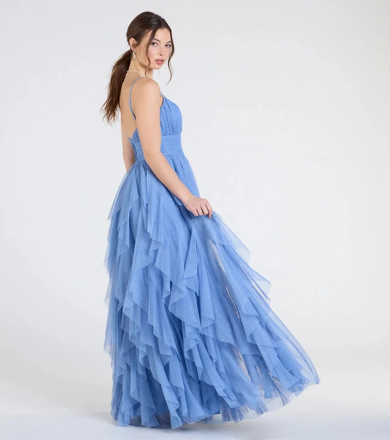 Katrina Ruffled Slit A-Line Glitter Mesh Formal Dress