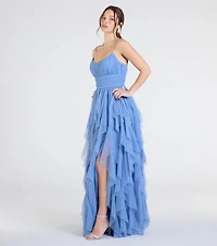 Katrina Ruffled Slit A-Line Glitter Mesh Formal Dress