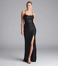 Meghan Lace-Up Corset Sequin Bead Formal Dress