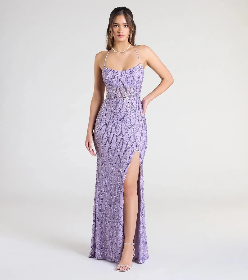 Meghan Lace-Up Corset Sequin Bead Formal Dress
