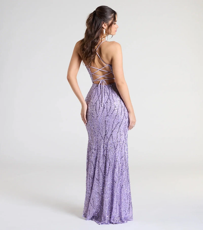 Meghan Lace-Up Corset Sequin Bead Formal Dress