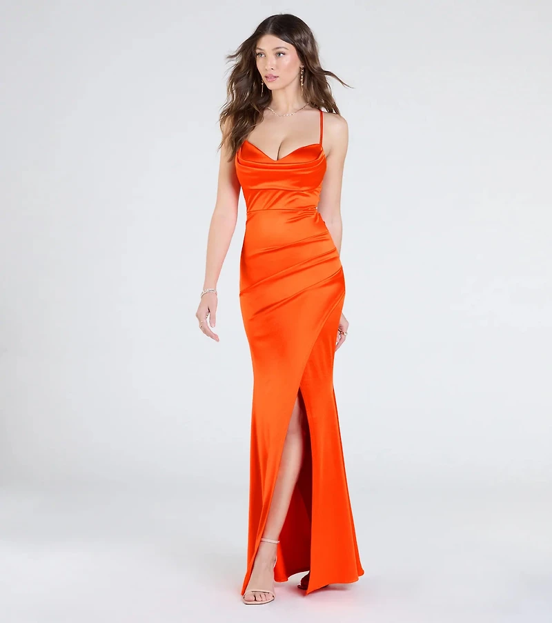 Cassandra Lace-Up Wrap Mermaid Satin Formal Dress