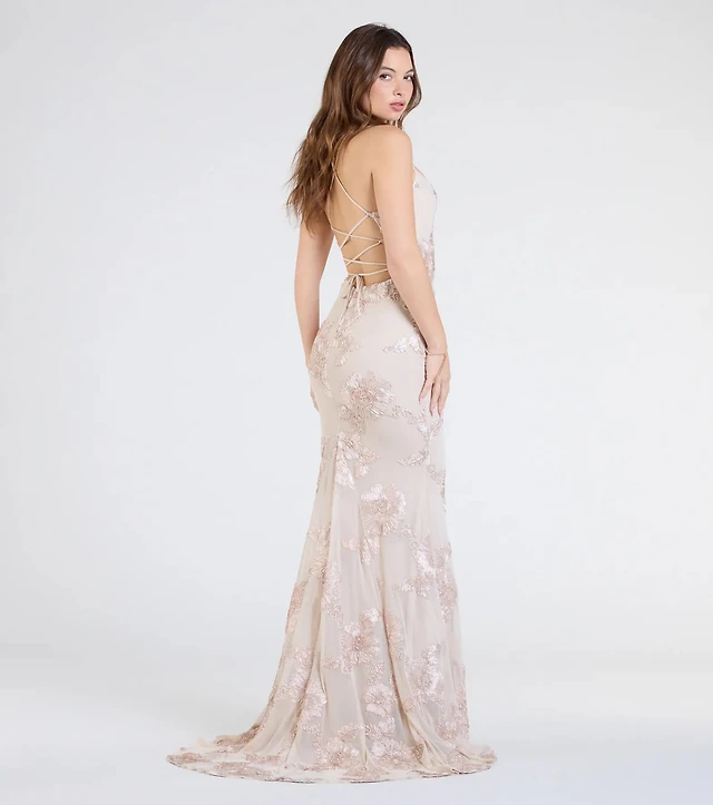 Windsor Gabi Lace-Up Floral Trim Mermaid Formal Dress at Hamilton Place in Chattanooga, TN
