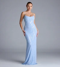Betsey Lace-Up Mermaid Sequin Bead Formal Dress