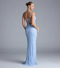 Betsey Lace-Up Mermaid Sequin Bead Formal Dress