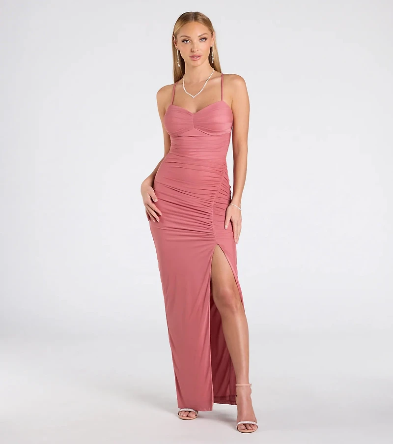 Chloe Lace-Up Ruched Column Formal Dress
