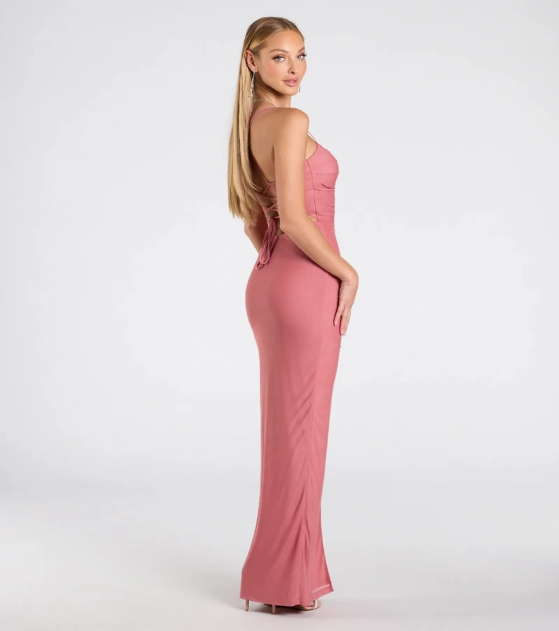 Chloe Lace-Up Ruched Column Formal Dress