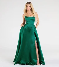 Brittany Lace-Up Slit A-Line Satin Formal Dress